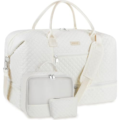 ITIEZY Weekender Overnight Bag for Women - Large Travel Duffel Bag with Shoe Compartment, Gym Duffel Bag Hospital Bag Carry On Tote Bags for Airplanes with Crossbody Bag Toiletry Bag 3Pcs Set - color: 9A-Off White