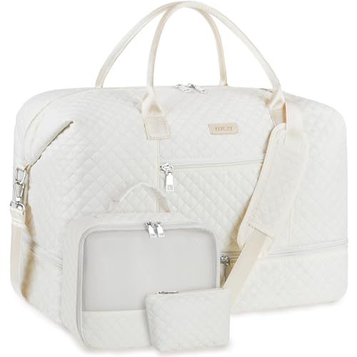 ITIEZY Weekender Overnight Bag for Women - Large Travel Duffel Bag with Shoe Compartment, Gym Duffel Bag Hospital Bag Carry On Tote Bags for Airplanes with Crossbody Bag Toiletry Bag 3Pcs Set - color: 9A-Off White