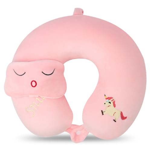 Kids Neck Pillow for Travel with Sleep Eye Mask, Cute Travel Neck Pillow, Memory Foam Flight Sleeping Headrest Pillow for Boys & Girls, Airplane, Train, Car, Home Use - Little Pink Unicorn - color: Little Pink Unicorn