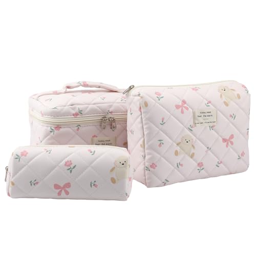 3PCS Coquette Makeup Bag,Quilted Cosmetic Bag Large Make Up Bag Set,Quilted Portable Toiletry Organizer Bag,Cotton Travel Skincare Bag for Women Girls (05-Pink Rabbit) - style: 05-pink Rabbit