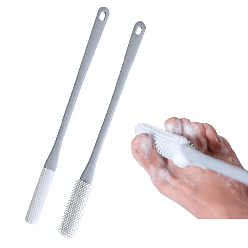 Toe Cleaning Brush with 15.7" Long Handle,Foot Scrubber in Shower,No Bending, Ideal for Seniors, Expecting Mothers, Men & Women | Foot Scrubber & Anti-Itch Exfoliating Brush (2 Pack) (Grey) - color: Grey