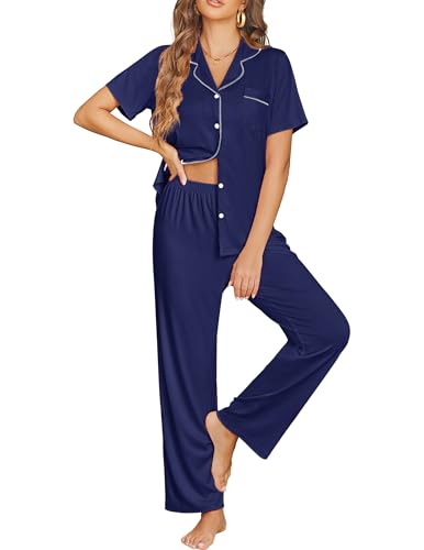 Ekouaer Womens Pajama Sets Button Down Pjs Lounge Sets 2 Piece Short Sleeve Sleepwear Soft Comfy Loungewear - color: Navy Blue, size: X-Large