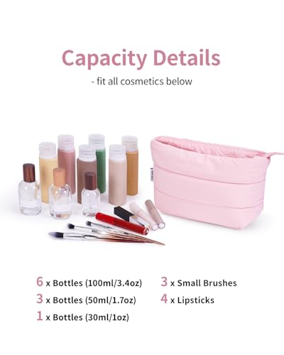 Narwey Travel Makeup Bag for Women Girl, Puffer Makeup Up Organizer Bag Cosmetic Bag, Puffy Cute Makeup Pouch Purse, Travel Toiletry Bag (Pink) - color: Pink