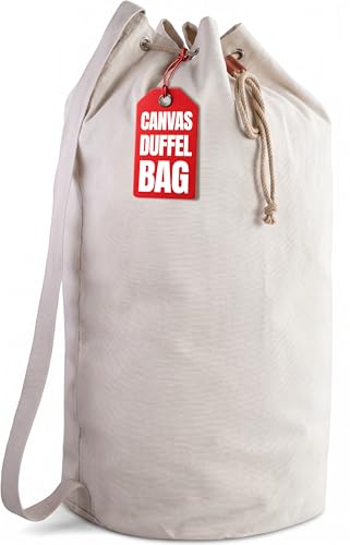 Handy Laundry Canvas Duffel Bag - Drawstring, Leather Closure, Shoulder Strap