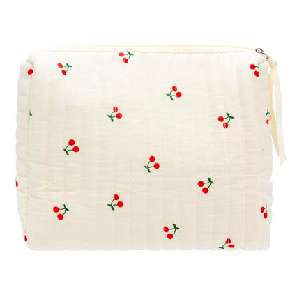 PAZIMIIK Quilted Makeup Bag Large Travel Zipper Soft Cosmetic Pouch for Women Girls Make Up,Cherry Beige - color: Cherry Beige, size: 1 PCS Pouch