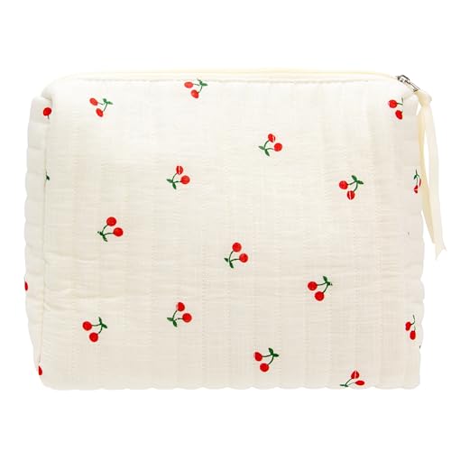 PAZIMIIK Quilted Makeup Bag Large Travel Zipper Soft Cosmetic Pouch for Women Girls Make Up,Cherry Beige - color: Cherry Beige, size: 1 PCS Pouch