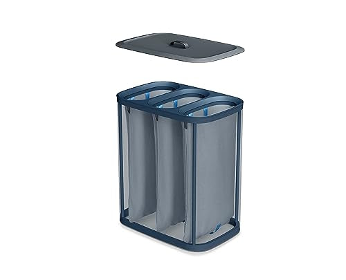 Joseph Joseph Tota Trio 90 liter/23.8 gallon Laundry Hamper Separation Basket with lid, 3 Removable Washing Bags with Handles- Dark Blue - color: Dark Blue, style: Trio Compartment 90L