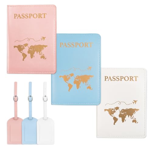 3 Pcs Passport Holder and 3 Pcs Luggage Tag Set, PU Leather Passport Cover for Travel, Luggage Tag for Suitcases, Suitable for Vacation, Business Trip, Study Abroad (3 Colors) - color: 3 Colors