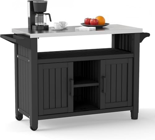 EasyUp Outdoor Storage Cabinet,Patio Storage Table, Bar Table with Wheels,Outdoor Bar Cart for Patio, Poolside and Backyard,Classic Black - color: Classic Black, size: 54.09*20.35*35.31INCH