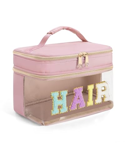 Fasrom Double Layer Hair Accessories Organizer, Preppy Patch Makeup Bag with HAIR Chenille Letter, Portable Travel Cosmetic Pouch Clear Toiletry Case for Women Girl, Pink(Bag Only, Patent Design) - color: Pink