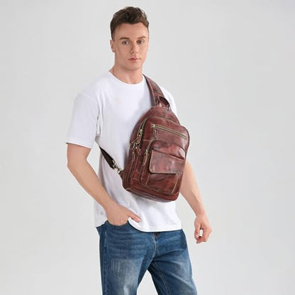 LANNSYNE Full Grain Leather Casual Sling Bag For Men Hiking/Travel/Business Crossbody Chest Bag Fits 12.9" iPad - color: Coffee for 12.9 Ipad