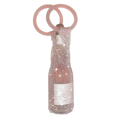 Wine Pouch Mesh Bag, Resin Handle Wine Bag, Sparkly Rhinestone Handwoven Mesh Bags, Party Water Bottle Bags Accessory, Daily Housewarming Party Use (Pink) - color: Pink