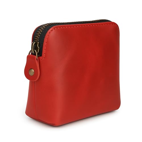 Full Grain Leather Cosmetic Bag – Zippered Makeup Pouch for Women, Small Travel Toiletry & Organizer Pouch for Purse, Premium Handmade Leather (5 × 4 × 2.5 in) - color: Red