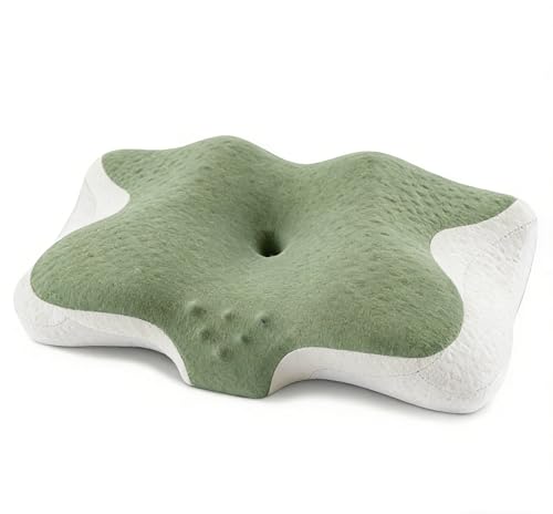 Cervical Pillow for Neck Pain Relief - Cooling Ergonomic Memory Foam Pillows for Sleeping, Contour Neck Support Pillow for Side, Back, Stomach Sleepers with Anti-Pilling Pillowcase - color: Green-white