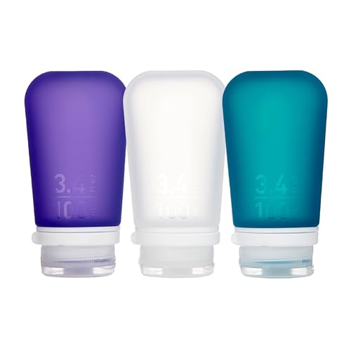humangear GoToob+ Bottles - Silicone Leak-Proof Travel Tubes for Toiletries, Camping & TSA Carry-On (3-Pack), Large (3.4 fl oz; 100ml), Clear/Purple/Teal - color: Purple/Clear/Teal, size: 3.4 Ounces
