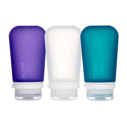 humangear GoToob+ Bottles - Silicone Leak-Proof Travel Tubes for Toiletries, Camping & TSA Carry-On (3-Pack), Large (3.4 fl oz; 100ml), Clear/Purple/Teal - color: Purple/Clear/Teal, size: 3.4 Ounces