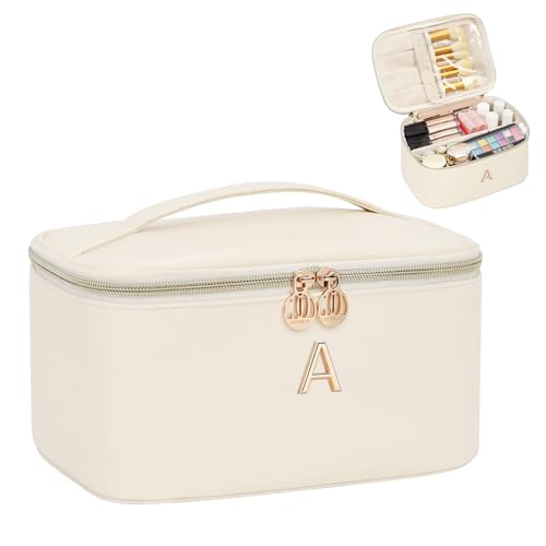 OCHEAL Personalized Makeup Bag, Beige Make up Bag for Women, Monogrammed Travel Toiletry Kit, Gift-Ready Cosmetic Organizer for Christmas Birthday & Stocking Stuffers A - color: Beige, style: A