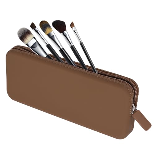 Sakolla Travel Makeup Brush Holder, Silicone Makeup Bag with Zipper Pouch Holder Case for Organizing Cosmetics Pencils Daily Work（brown） - color: Regular Brown