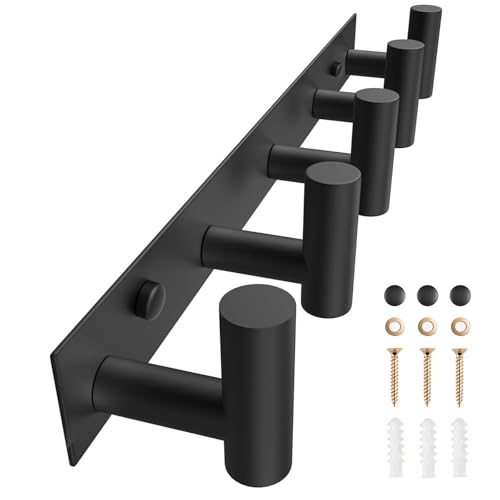 VAEHOLD Black Hat and Coat Wall Mount Rack 5 Hooks for Robes, Bags, Keys, and Towels Bathroom Towel Hanger Organizer (1 Pack) - color: Black, size: “T“ Shape 5 Hooks 1 Pack