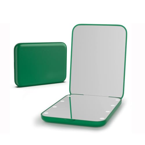 Kintion Pocket Mirror, 1X/3X Magnification LED Compact Travel Makeup Mirror with Light for Purse, 2-Sided, Portable, Folding, Handheld, Small Lighted Mirror for Gift, Green - color: Green