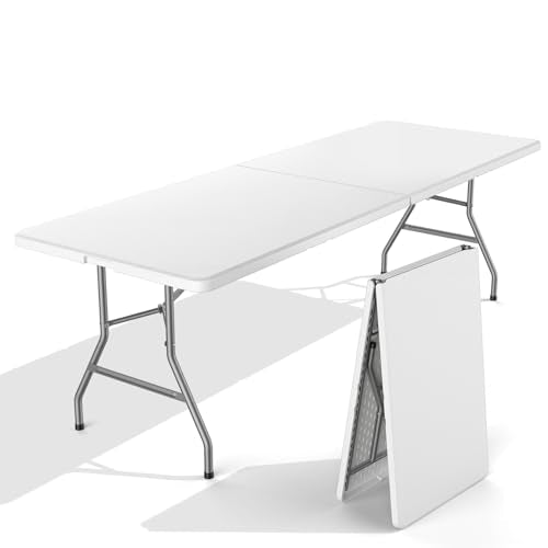 Sweetcrispy 8 FT Folding Picnic Table Easy to Fold and Store, Foldable Table for Camping Picnic Dining Party Kitchen Outdoor Indoor with Carrying Handle - color: Basic White, size: 8 FT