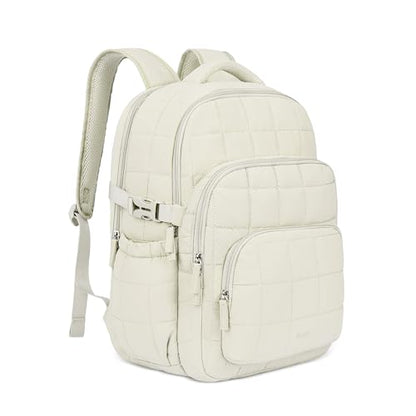 CLUCI 17.3 Inch Laptop Backpack for Women, Anti Theft Travel Backpack, Puffer Quilted Work Backpack, Water Resistant College Bookbag, Carry on backpack with RFID (Beige) - color: White