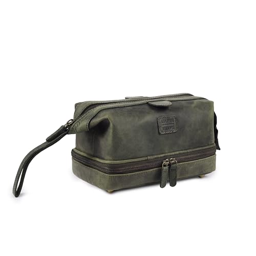 LEATHER VILLAGE Genuine Leather Dopp Kit – Large Travel Toiletry Bag with Waterproof Lining, Dual-Zip Design for Men & Women, Organizer for Shaving, Makeup & Essentials - Olive - color: Olive