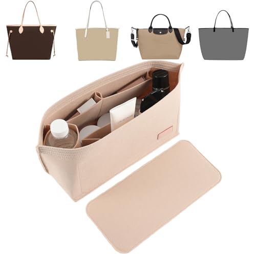Doxo Purse Organizer Insert for Handbags & Base Shaper 2pc Set, Felt Neverfull MM Organizer Insert, Tote Bag Organizer with Zipper Pocket and Bottle Holder, Fit Speedy 30 Neverfull MM and More,Beige-L - color: Beige, size: Large
