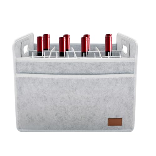 12 Bottle Wine Tote Bag, 15 x 12.6 x 10.6 Inch Collapsible Insulated Thermal Padded Felt Beer Tote, Reusable Wine Storage Bags for Travel Party Camping Picnic Vacation, Grey
