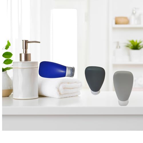 Leak Proof Silicone (Soft) Refillable Bottles 3oz-90 ml Travel Squeeze Bottles for Toiletries, TSA Size Containers for Lotions, Shampoos, Soaps, Sanitizer (3-Pack) Men or Women - color: Black-Gray-Blue