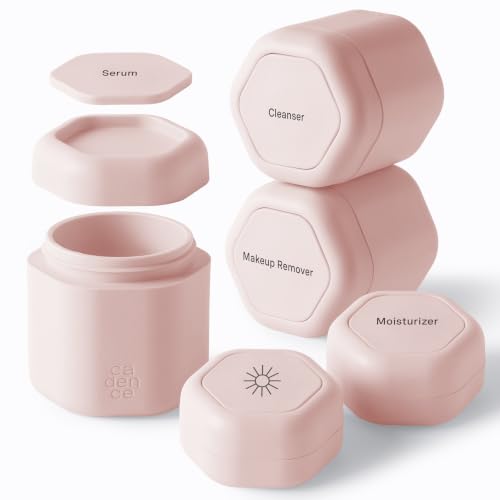 Cadence Travel Containers - Core Skincare Set - Magnetic Containers with Lids,2 Small (0.56oz) & 3 Medium (1.32oz) - Cleanser, Moisturizer, Serum, Makeup Remover & Sun Icon Labels - Petal - color: Petal, size: Core Set