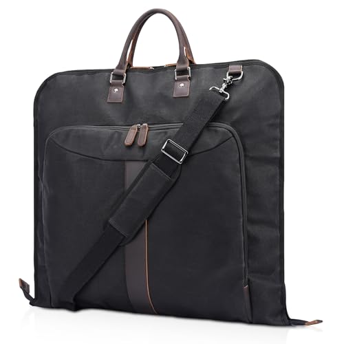 Polare Waxed Canvas Full Grain Leather Trim Garment Carry On Bag for Travel, Foldable Hanging Suitcase Weekender Dust-Proof Garment Waterproof Cover with YKK Zipper and Adjustable Strap (Black) - color: Black