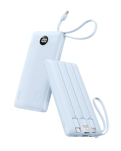 VRURC Portable Charger for iPhone, Built in Cables & Lanyard Power Bank 10000mAh, Compact USB C Charging Bank 5 Outputs for Multi Devices,Travel Essential for Hiking Camping Business Cruise Ship-Blue - color: Blue
