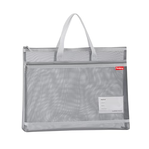 Pendancy Mesh Zipper Pouch A4 Size, Large Double Pocket Lightweight Nylon Transparent File Bag with Handle, 11x13.8 in Foldable Document Storage for Puzzle Project/Cross Stitch/Travel/Office (Gray) - color: Translucent Gray, style: DIY Label Type A4 Size(