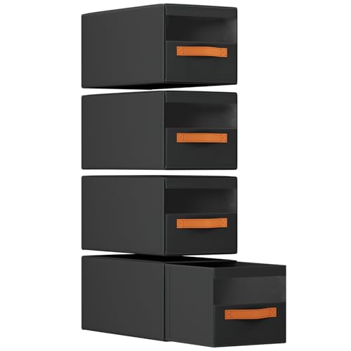 DIMJ Closet Organizers and Storage - Fabric Bins with Drawers for Closet Foldable Clothes Organizers with Clear Window, Stackable Storage Drawers Units for Hat, 4-Pack, Black - color: Black, size: ML - 4 Pack