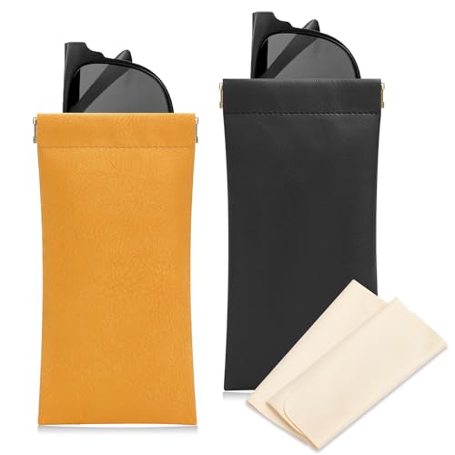 Sightor Sunglass Case, 2 Pcs Soft Eyeglass Cases for Women Portable Squeeze Top Leather Glasses Pouch - color: Black, Orange