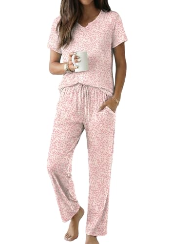 Ekouaer 2 Piece Womens Pajamas Short Sleeve Top and Long Pants Pjs Set Printed Sleepwear with Pocket - color: A Rose Pink Leopard, size: XX-Large