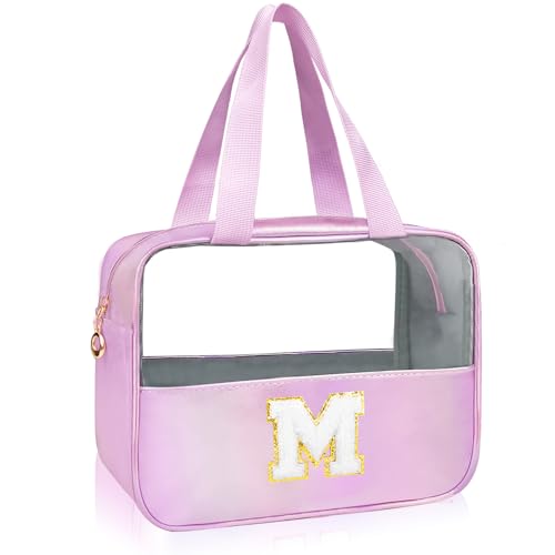 Personalized Initial M Clear Purple Makeup Bag - Large Travel Toiletry Bag, Cute Cosmetic Organizer Set for Girlfriend, Teacher, Teen Girl Gifts - color: Purple, style: M