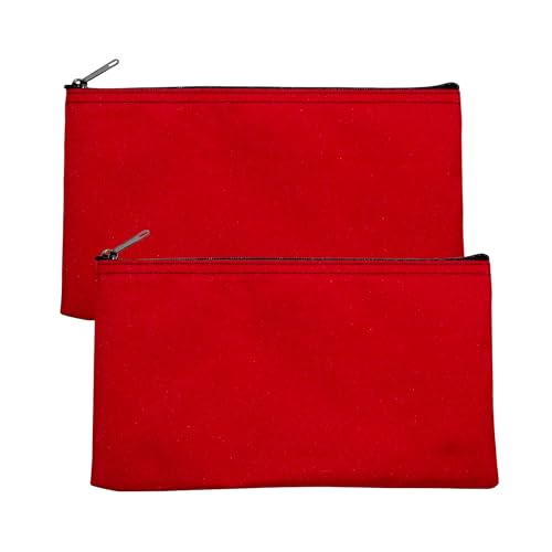 Multipack of 2 Compact Zipper Cloth Pouches, Zipper Bag, Travel Toiletry, Cosmetics, Stationary Case, 11 x 6 inches (Red) - color: Red