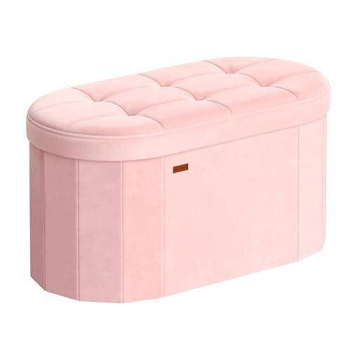 SONGMICS Mazie Collection - Folding Ottoman with Storage, Oval Storage Ottoman Bench, for Living Room, Bedroom, Velvet Fabric, 15 x 30 x 15 Inches, Jelly Pink ULSF267SA01 - color: Jelly Pink, size: 15"D x 30"W x 15"H