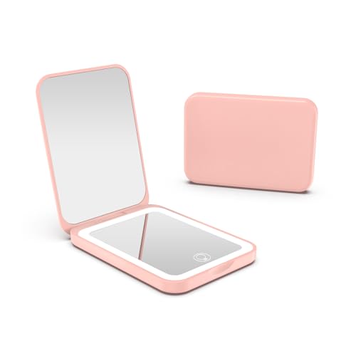 Kintion 2025 Pocket Mirror, Rechargeable Dimmable 3 Color Lighting 1X/3X LED Compact Travel Makeup Mirror for Purse, Portable, Folding, Handheld, Small Lighted Mirror for Women Gift, Pink - color: Pink