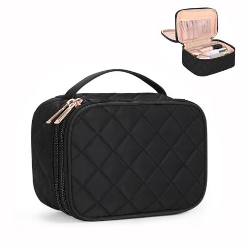 Relavel Small Makeup Bag, Travel Cosmetic Bag with Makeup Brush Compartment, Cute Make Up Pouch for Women, Double Layer Toiletry Organizer for Short Trip, Office - Black - color: 01-Black, size: SMALL