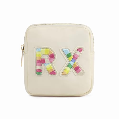 uekeboag Personalized Small Nylon Rx Cosmetic Bag, Cute Chenille Letter Patch Medicine Drug Pouch with Zipper,Preppy Makeup Travel Vitamin Bag for Women and Girls（01Sand） - color: 01Sand