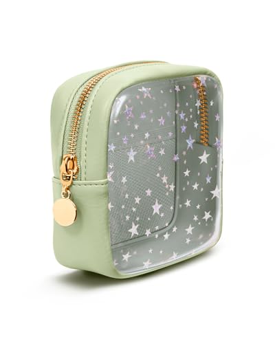 Wandering Nature Clear Makeup Bag for Purse, Mini Make up Bag with Glitter Star Pattern, Cute Cosmetic Pouch for Women with Slip-in Pockets, Travel Toiletry Essentials Vegan Leather Organizer Pouch - color: Green Star
