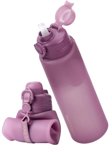 TakeToday Collapsible Water Bottles 32oz, Foldable Travel Bottle, TSA-Approved Leakproof Newly Silicone Water Bottle for Hiking, Travel, Outdoors, Purple - color: Purple