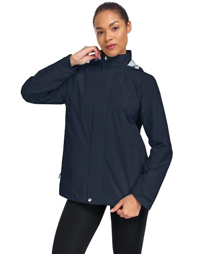 Hount Womens Waterproof Raincoat Lightweight Packable Striped Lined Rain Jacket Casual Travel Outdoor Hooded Jakctes - color: Navy Blue, size: Small