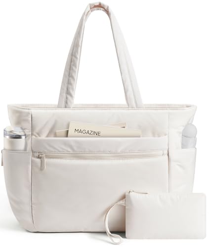 TOPEAST Tote Bag for Women Puffer Travel Carry On Bags with Laptop Compartment & Cup Holder Work Tote for Weekend Overnight - color: Beige, size: 15.6 Inch-24L
