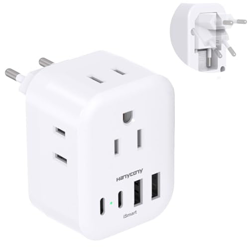 European Travel Plug Adapter, Foldable International Power Adapter, Type C Plug Adapter with 4 Outlets 4 USB Ports (2 USB C) for US to Most of Europe EU Italy Spain Greece Portugal France Germany