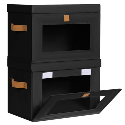 Homsorout Medium Fabric Storage Bins - Closet Shelf Organizer with Open Window, 2 Pack Closet Baskets for Shelves, Stackable Decorative Boxes for Home, Dorm, Black, 13.7" x 9.8” x 9.8" - color: Black, size: Medium - 2 Pack