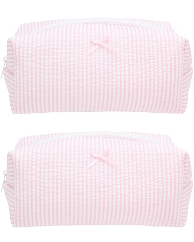 PAZIMIIK 2PCS Cozy Makeup Bag Travel Cosmetic Bag for Women Soft Toiletry Bag Aesthetic Makeup Organizer Portable Large Zipper Pouch for Skincare Beauty Accessories Brushes Stripe Pink - color: Stripe Pink, size: 2PCS